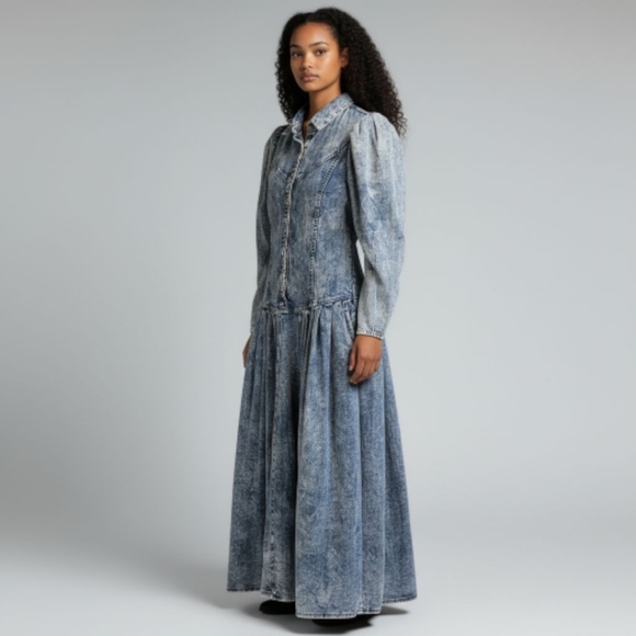 Vintage Contempo Casuals Hollywood Era Long Sleeve Acid Wash Denim Maxi Dress Vintage Contempo Casuals Hollywood Era Long Sleeve Acid Wash Denim Maxi Dress